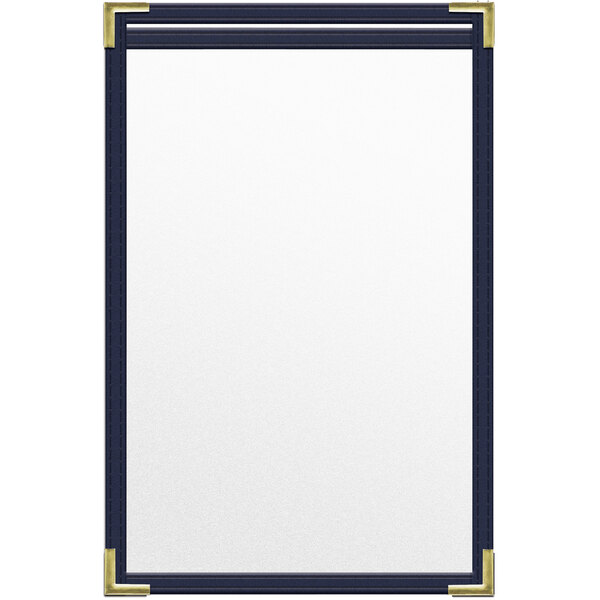 A white menu cover with gold corners and a black border.