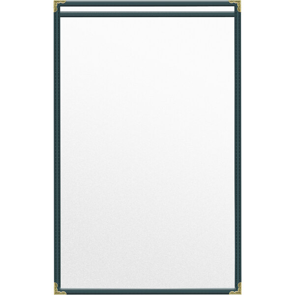A white menu cover with gold corners and a green border.