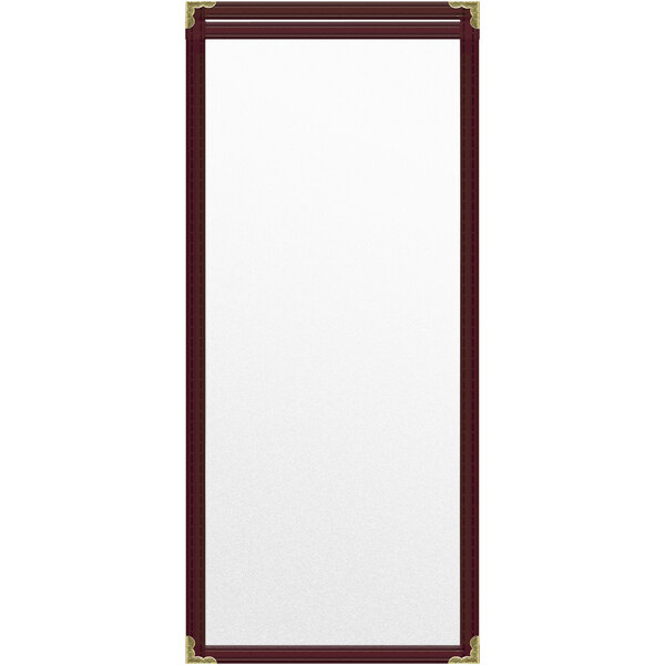 A maroon rectangular menu cover with gold decorative corners.