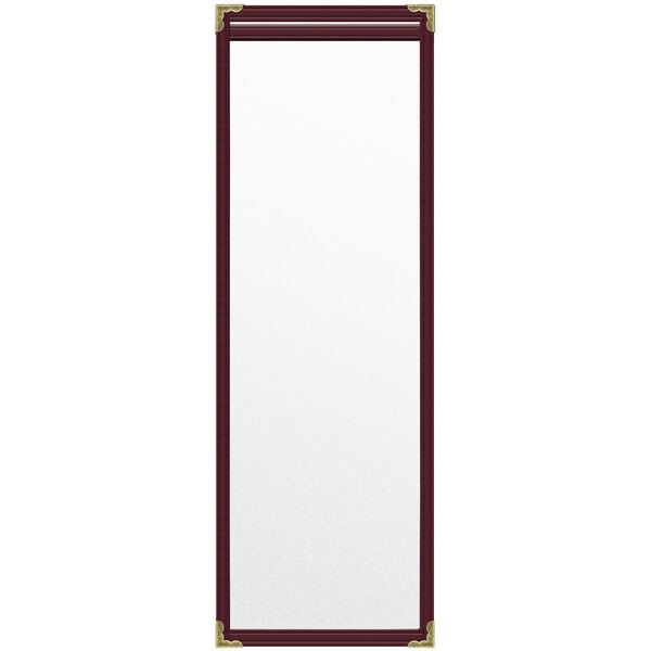 A maroon rectangular vinyl menu cover with gold corners.