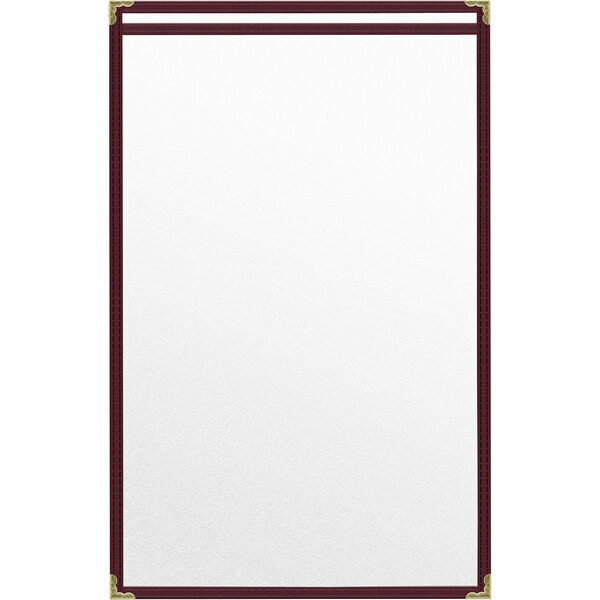 A maroon vinyl menu cover with a white border and gold corners.