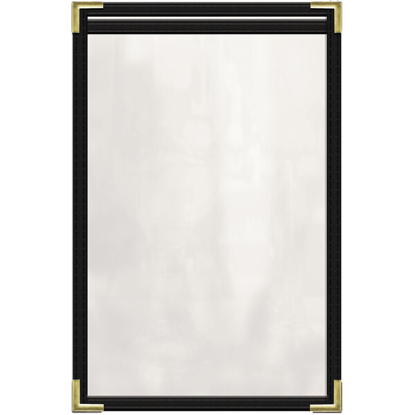 The corner of a black and gold rectangular menu cover.