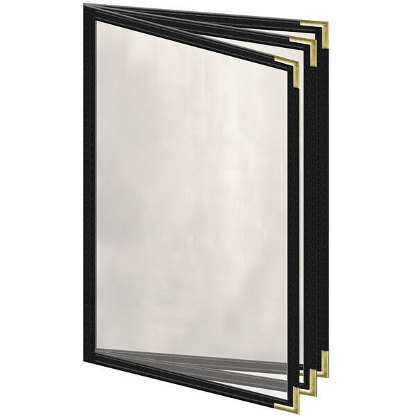 A black rectangular H. Risch, Inc. menu cover with gold smooth corners and a gloss finish.