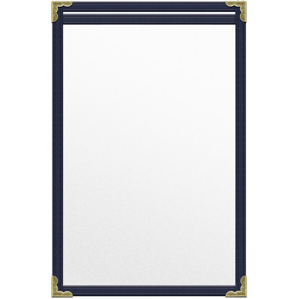 A white board with a blue border and gold corners.
