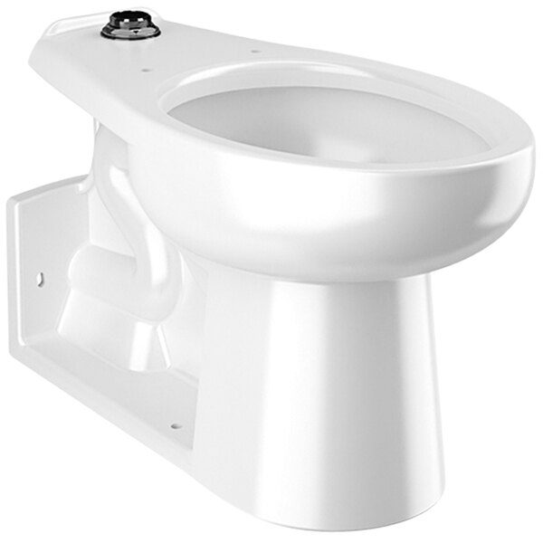 A white Sloan floor-mounted rear outlet toilet with a white seat.