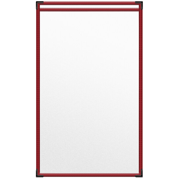 A white menu cover with red trim and stitching.