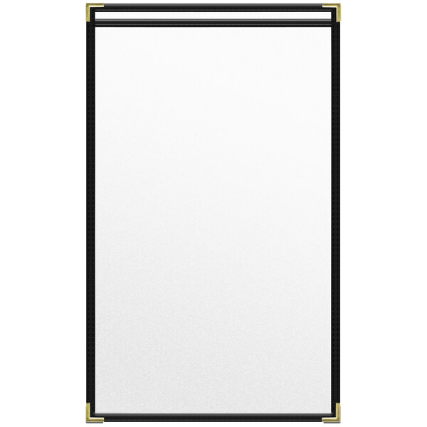 A white rectangular board with black corners and trim containing two black menu pages.