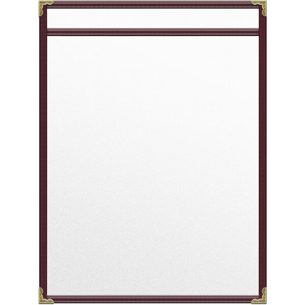 A white rectangular menu cover with a red border and gold decorative corners.