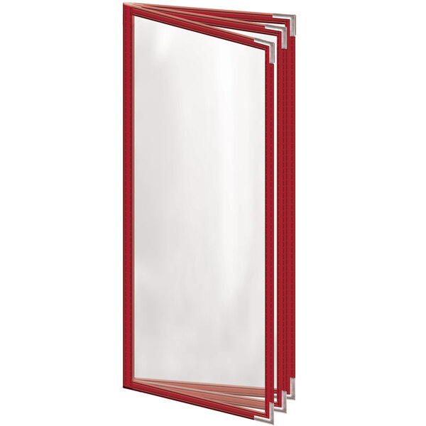 A red menu cover with white smooth corners and a glossy finish.