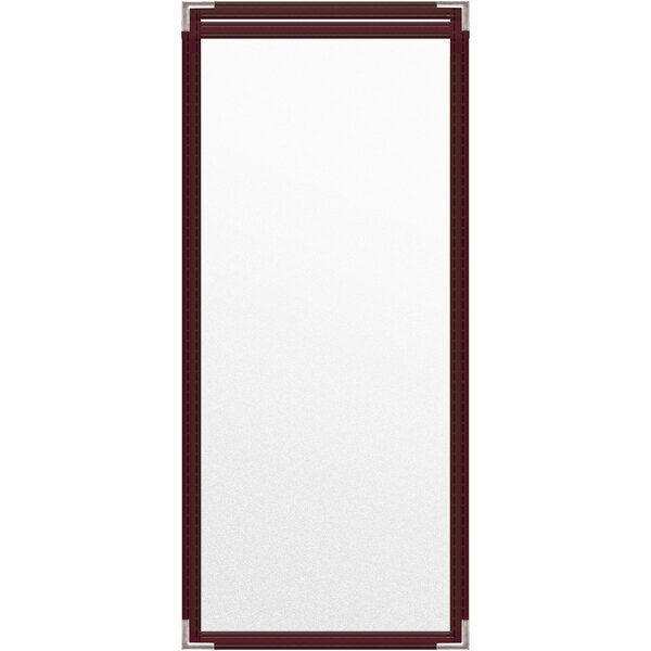 A rectangular maroon menu cover with a white surface and black border.