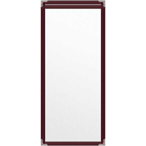 A maroon rectangular vinyl menu cover with silver decorative corners.
