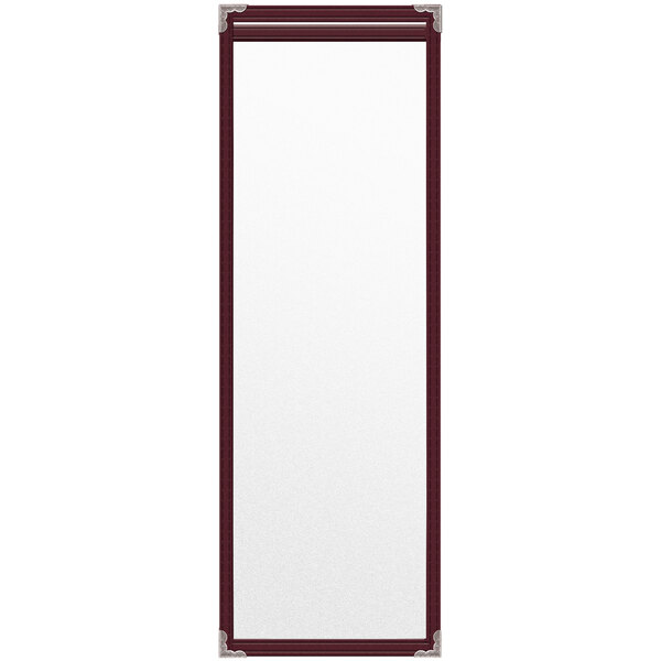 A rectangular maroon vinyl menu cover with silver decorative corners and a matte finish.