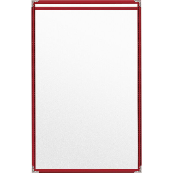 A white board with red trim and silver corners holding a red menu cover.