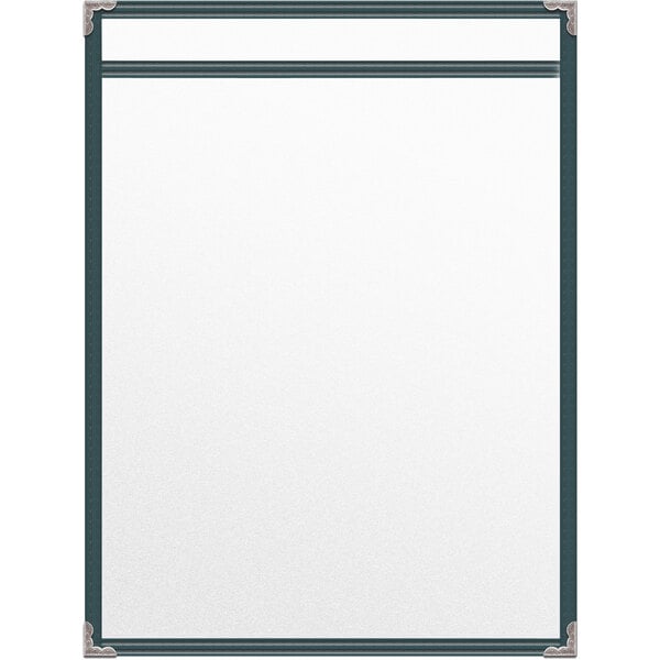 A white board with a black border and a green background with silver decorative corners.