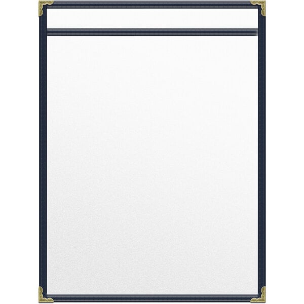 A white board with a black border and gold corners.