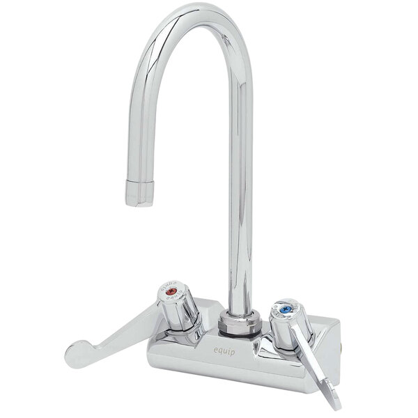A chrome Equip by T&S wall mount faucet with 5 9/16" gooseneck spout and wrist handles.