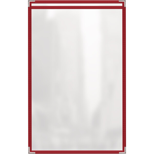 A white rectangular plastic menu cover with red edges.