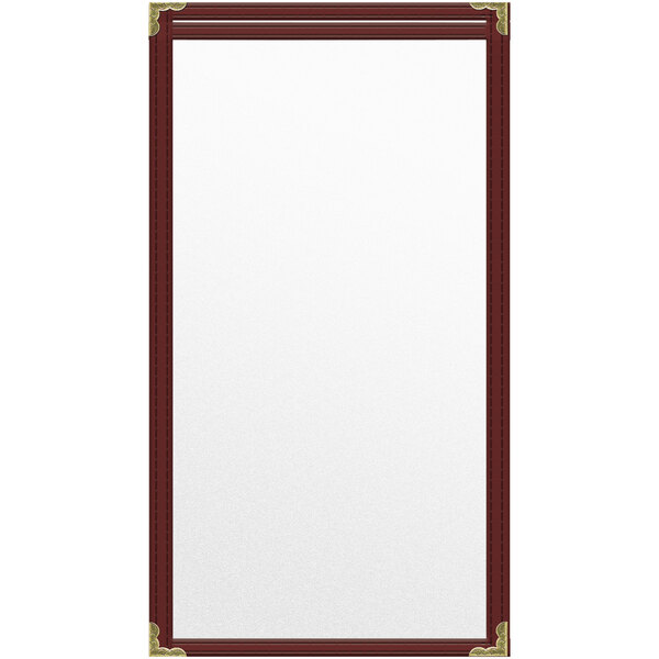 A maroon vinyl menu cover with gold decorative corners and matte finish.