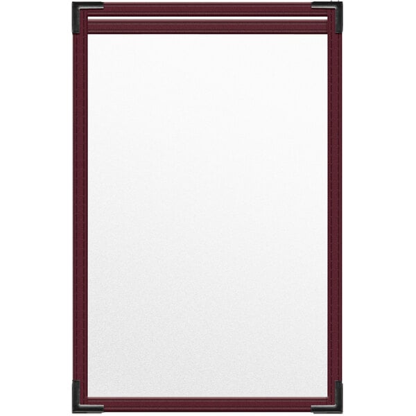 The corner of a maroon H. Risch, Inc. menu cover with black smooth corners.