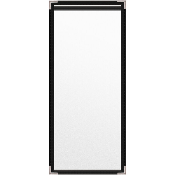 A rectangular white menu cover with black trim and silver corners.
