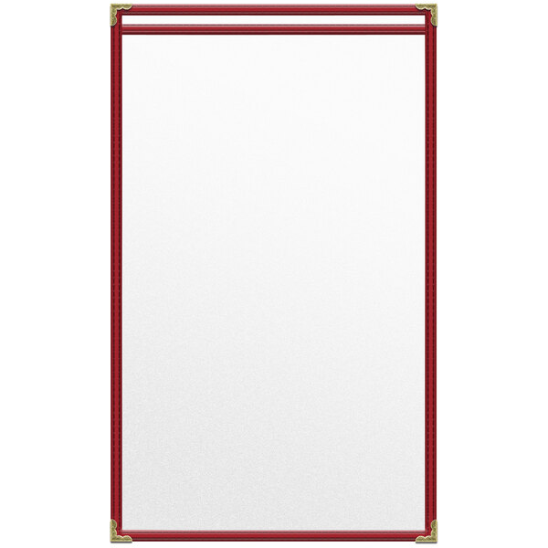 A white board with red corners and gold decorative corners containing a red paper.