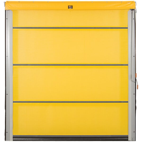 A yellow mesh bug screen door with a silver metal frame.