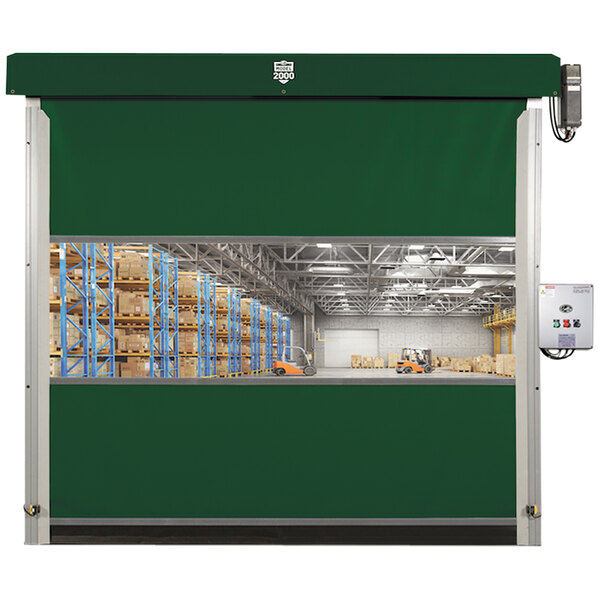 A white rectangular warehouse door with a green border and window.