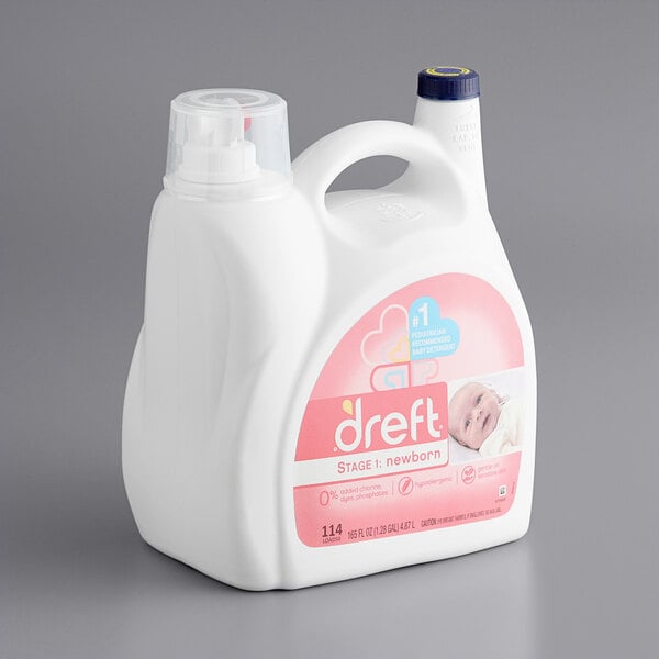 A white plastic jug of Dreft baby laundry detergent with a pink label.