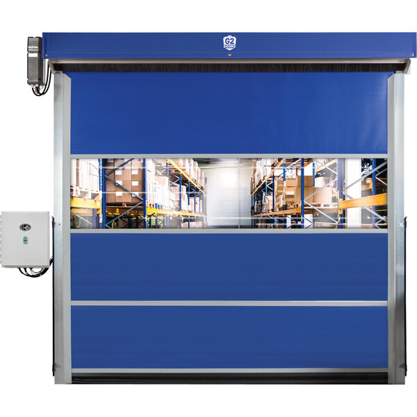 A blue Goff's vinyl warehouse door with a window and a white control box with a button.