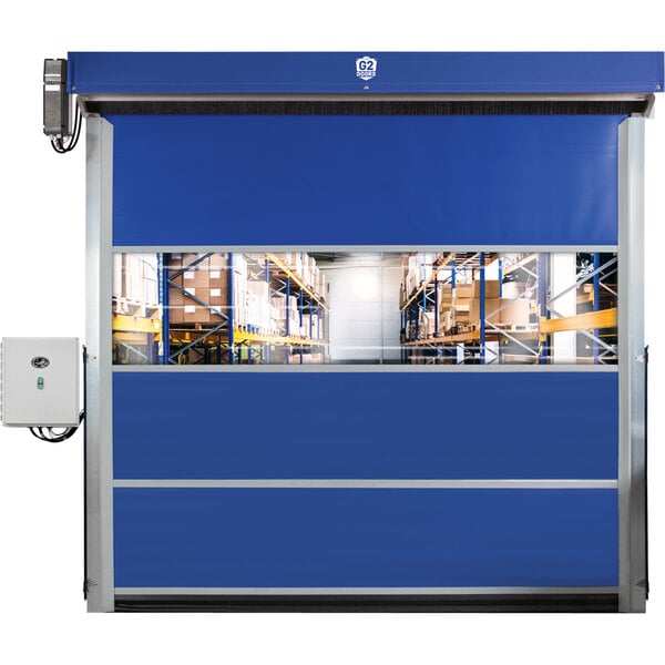 A blue Goff's G2 vinyl warehouse door with a window and white control box with a button.