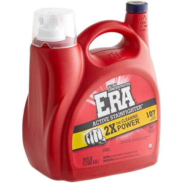 A red container of Era 2X Laundry Detergent with a white cap and label.