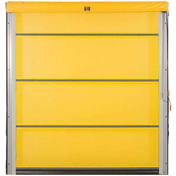 A yellow Goff's G1 manually operated mesh bug screen door with a metal frame.