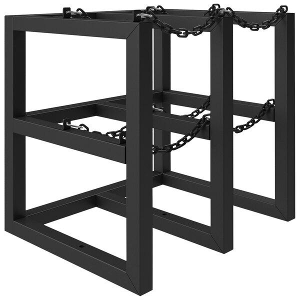 A black metal Durham Gas Cylinder Rack for 4 vertical cylinders with chains attached.