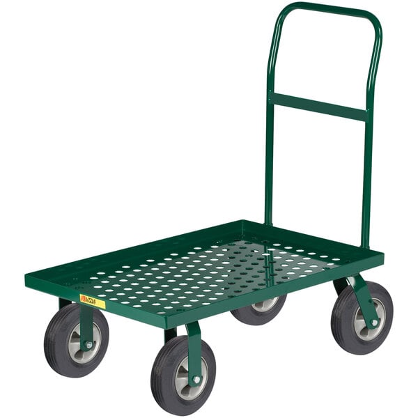 A green Little Giant perforated steel platform truck with black rubber wheels.