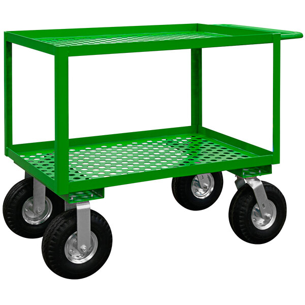 A green Durham Mfg steel maintenance cart with perforated shelves and black wheels.