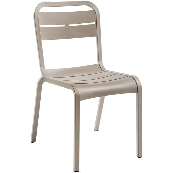 A taupe plastic chair with a metal frame.