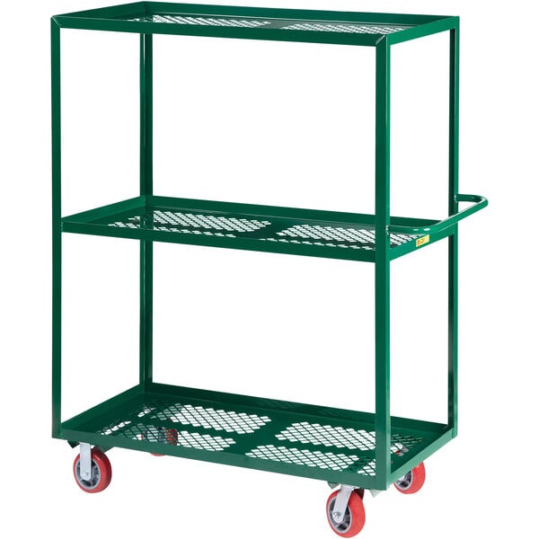 A green metal Little Giant 3-shelf garden cart with red wheels.