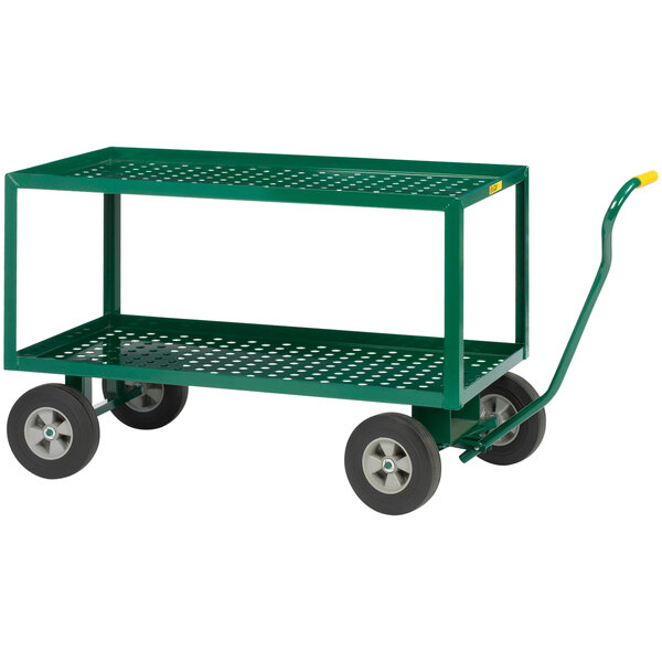 A green metal cart with 2 perforated shelves and rubber wheels.