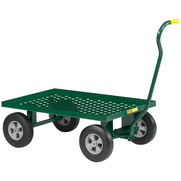 A green metal Little Giant garden wagon with black rubber wheels.