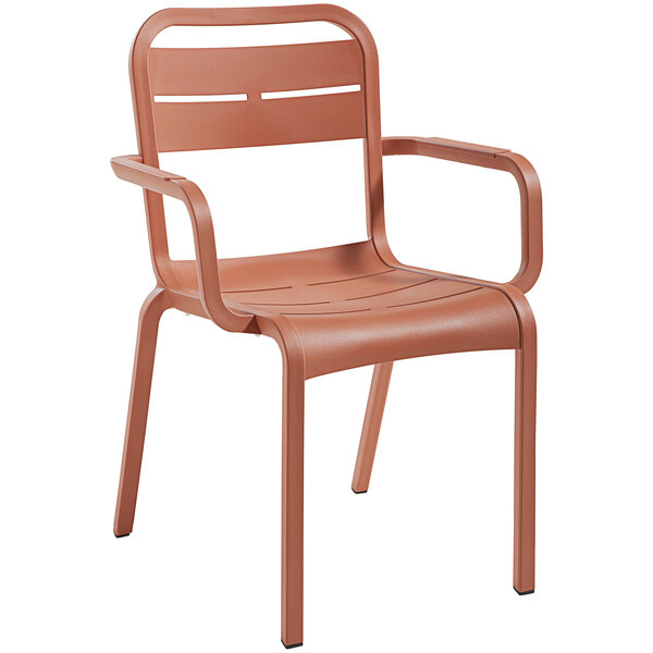 A brown plastic Grosfillex outdoor armchair with armrests.