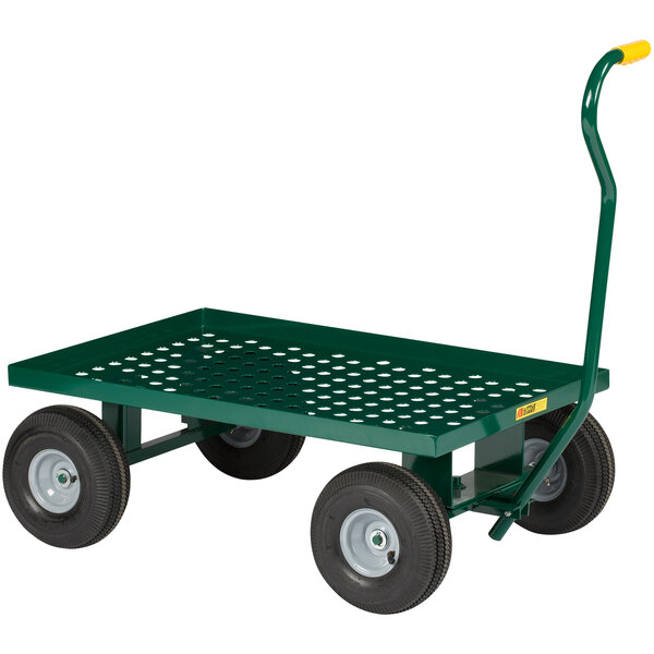 A green metal Little Giant garden wagon with black pneumatic wheels and a handle.