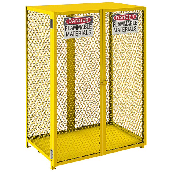 A yellow metal Durham gas cylinder cabinet with two doors and a warning sign.