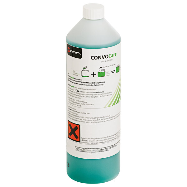 A white bottle of Convotherm ConvoCare Rinsing Solution Concentrate with a green label.