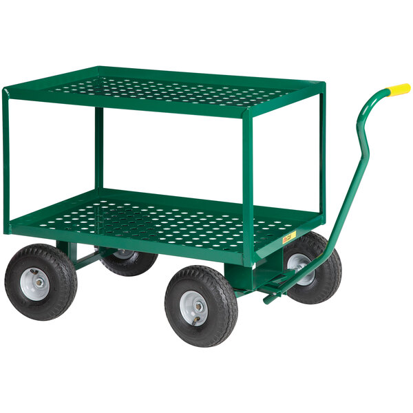 A green metal Little Giant garden cart with two shelves and four pneumatic wheels.