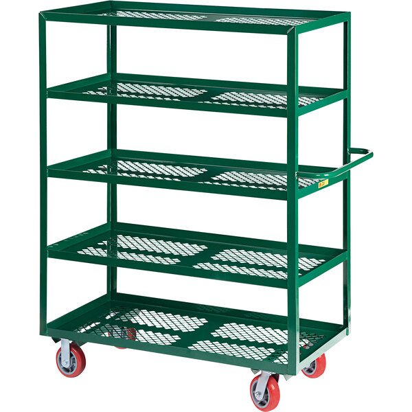 A green metal Little Giant garden cart with perforated shelves and wheels.