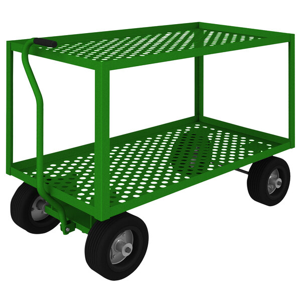 A green Durham Mfg maintenance cart with black wheels and perforated shelves.