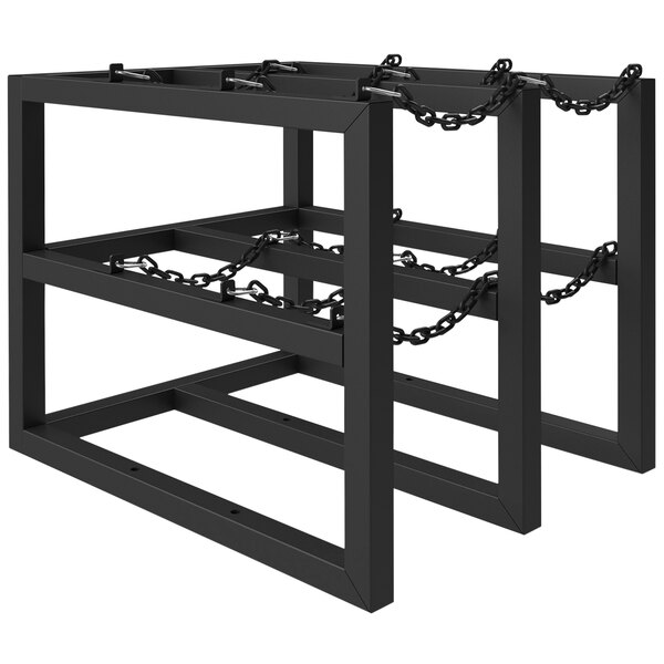 A black metal Durham Gas Cylinder rack with chains.