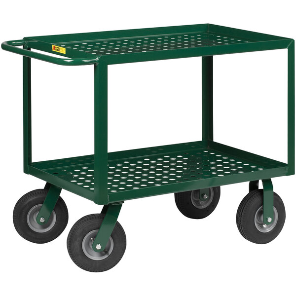 A Little Giant green 2-shelf perforated steel service cart with black wheels.
