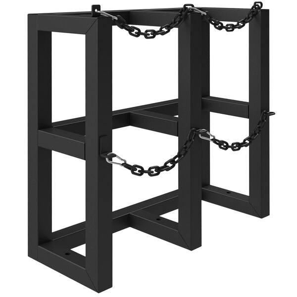 A black metal frame with chains for Durham Mfg Gas Cylinders.