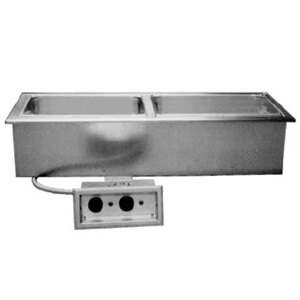 A Delfield stainless steel narrow drop-in hot food well with a drain.